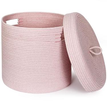 Imagem de WILLITAT Cesta de armazenamento com tampa, cobertor de armazenamento para sala de estar, cesto de corda de algodão macio com tampa, cesto de roupa de vime redondo com capa, caixa de brinquedos para