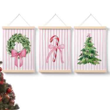 Imagem de PaJiaNi Conjunto de 3 arte de parede de árvore de Natal rosa, decoração de parede de bengala doce de Natal, guirlanda de Natal de inverno, pôsteres para decoração de parede de casa de fazenda, casa