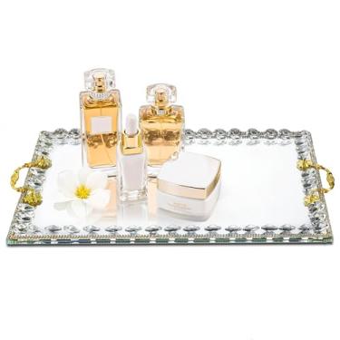 Imagem de kanpura Bandeja grande de cristal, moderna, espelhada, joias, bijuterias, com diamante, bandeja retangular de perfume de maquiagem de 37,3 cm x 27,4 cm para banheiro, quarto, banquete de hotel, festa