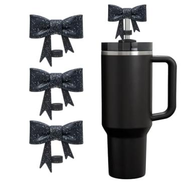 Imagem de CDYLDXG 3 capas de canudo com glitter para copo Stanley, topo de canudo de laço de 10 mm, tampa de silicone para copos de 850 g e copos de 1,134 g, acessórios de copo presente para mulheres (preto)