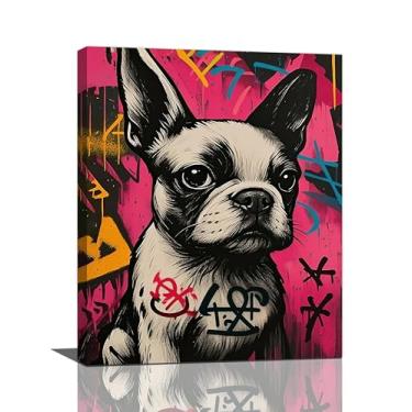 Imagem de Banksy Bulldog arte de parede bonito cachorro grafite lona decoração de parede arte pop arte de rua quadros decoração emoldurada presentes para mulheres meninas banheiro quarto sala de estar