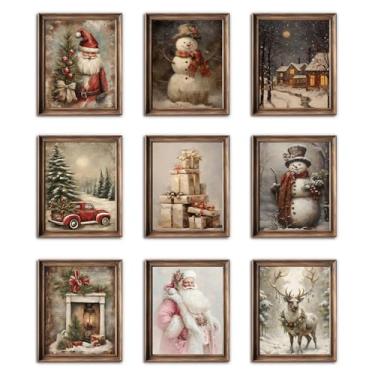 Imagem de Conjunto de 9 arte de parede em tela de Natal vintage, pôsteres de impressão de cena de neve de Papai Noel, arte de férias de inverno para decoração de parede de galeria de sala de estar, decoração de