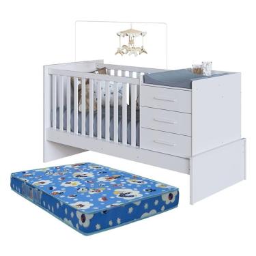 Imagem de Berço Multifuncional Beni 4 Em 1 Branco Brilho Com 3 Gavetas E Colchão Baby Physical - Móveis Peroba