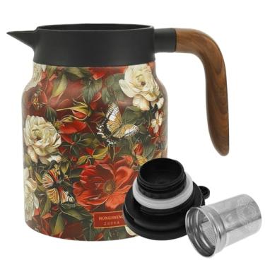 Imagem de ZFLYCANP Bule de chá com padrão vintage, bule isolado, garrafa térmica de aço inoxidável com alça antiescaldante, infusor removível para bebidas quentes de escritório em casa (vermelho)