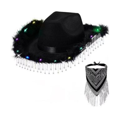 Imagem de Chapéu de cowboy LED rosa com acabamento em penas, bandana de strass