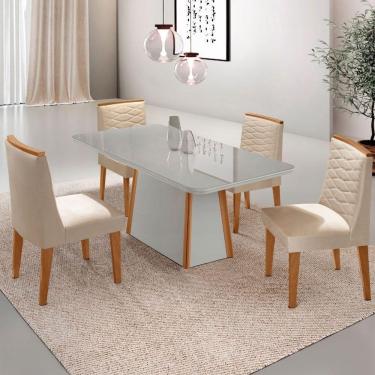 Imagem de Mesa De Jantar Diane 120cm Tampo Mdf Vidro Cadeiras Eloise Moderna Veludo Creme Off White Serigrafia