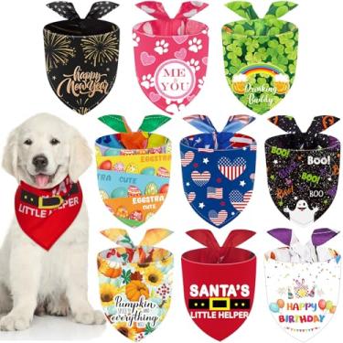 Imagem de 9 peças de bandana ajustável de Natal, para cães, lavável, patriótico, babador, bandana para cachorro de aniversário para fantasia de animal de estimação (padrão clássico)
