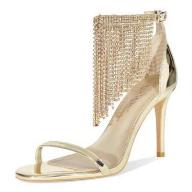 Imagem de GPXGPX Sandálias femininas de salto alto, bico aberto, com tiras de strass e tira no tornozelo, salto agulha cintilante, vestido de festa, casamento, sapatos, Dourado, 36