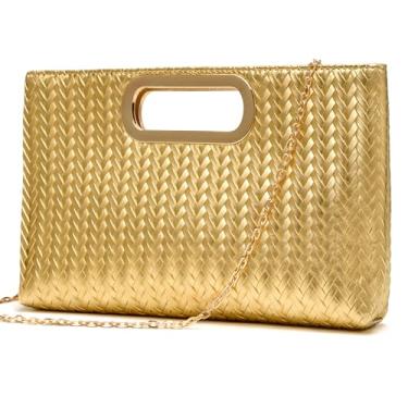 Imagem de Gurina Bolsa clutch de poliuretano com textura tecida para mulheres - Bolsa elegante para noite, perfeita para eventos formais, casamentos e coquetéis, Jo47 Wheat Gold