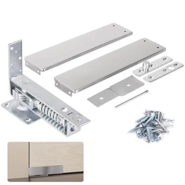 Imagem de Dobradiça pivô de mola de ação dupla, ferragens de porta de fechamento automático com eixo telescópico ajustável, dobradiça de mola de aço inoxidável inclui placas de cobertura para porta de madeira