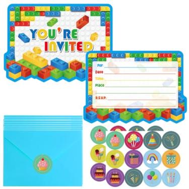 Imagem de Convites de aniversário de blocos de construção de 20 peças - Convites de blocos de construção para meninos, cartões temáticos, convites de festa de aniversário fofos com etiquetas adesivas, 20