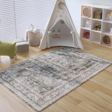 Imagem de Rugcomf Tapete Boho lavável 3x5 tapete macio antiderrapante sem queda de lã sintética tapete persa vintage para cabeceira, tapete de quarto, cozinha, piso, interior, lavanderia (cinza e marrom)