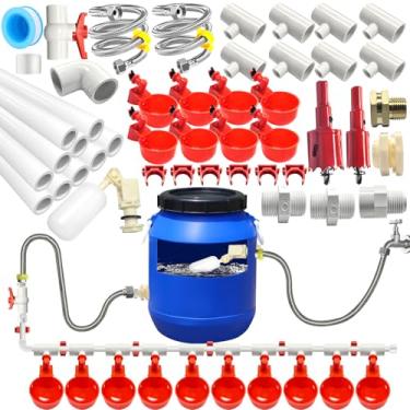 Imagem de Kit de sistema de irrigador automático de frango com copos de água de frango, válvula flutuante, tubulação, 58 peças, conjunto completo, distribuidor de alimentador de água de frango, grande sistema
