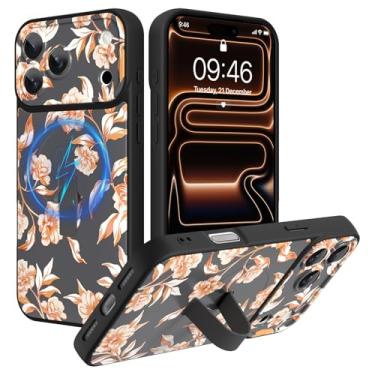 Imagem de Jefonha Capa magnética para iPhone 17 Pro com suporte de alça de dedo, compatível com Magsafe, linda linda capa de impressão de flores brancas com proteção total para câmera à prova de choque, cinza