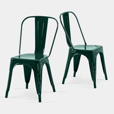 Imagem de AC Pacific Cadeiras de jantar de metal industrial de 45 cm de altura, assento empilhável de cozinha ou bar, design moderno durável, móveis de destaque versátil, conjunto de 4, verde escuro