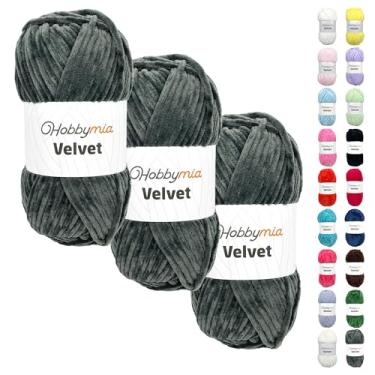 Imagem de HobbyMia Veludo - fio de chenille para crochê - 100 g / 132 jardas - (6) super volumoso - fio fofo para crochê - cobertor de bebê, amigurumi, xale (cinza - cinza escuro, 3 novelos)