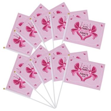 Imagem de 10 unidades de bandeiras de conscientização do câncer de mama para pacientes com câncer de mama, presente para mulheres, meninas, mães, irmãs, enfermeiras, vizinhos, bandeiras de fita rosa, decorações