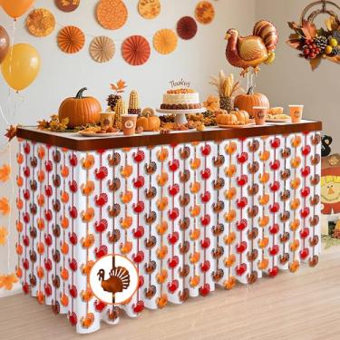 Imagem de Decorações de Ação de Graças, Pacote com 2 Saias de Mesa com Franja de Folha de Tinsel Metálico Vermelho Laranja Marrom Formato Especial, Decoração de Mesa de Festa para Outono, Ação de Graças, Amigos