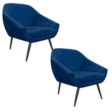 Imagem de Kit 02 Poltronas Giovana Suede Azul Marinho Pés Palito Ferro