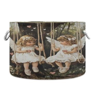 Imagem de SEHANY Cesto de armazenamento redondo grande com alça de corda, cesto de roupa suja de lona para armazenamento de cobertores, cesta de armazenamento infantil para quarto de banho, decoração de