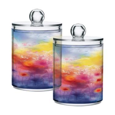 Imagem de ATTX Dispensador de suporte Qtip para pintura de flores coloridas para bola de algodão, cotonete, frasco de boticário transparente, decoração de casa, pote de armazenamento de cozinha, pacote com 2