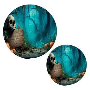 Imagem de Blueangle Pacote com 2 trivets de tábua de madeira de Halloween para pratos quentes - suportes de panela resistentes ao calor, almofadas quentes trançadas e porta-copos - tapetes de mesa duráveis para