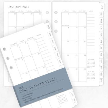 Imagem de Lindos insertos de agenda diária 2026 para fichários de 6 anéis - Conjunto de refil de papel durável 9,5 cm x 17 cm Tamanho do planejador pessoal - incluindo abas e calendários mensais - de janeiro de