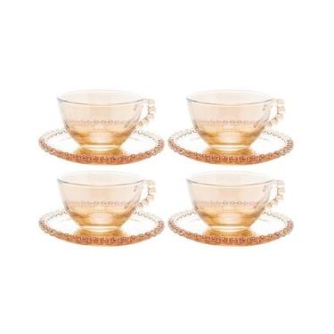 Imagem de Conjunto com 4 Xícaras e Pires para Chá Wolff Pearl em Cristal Âmbar - 180 ml Âmbar