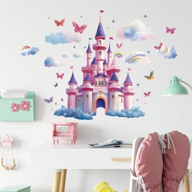Imagem de Decalques de parede de castelo de princesa, descasque e cole, design de conto de fadas colorido grande com nuvens, borboletas, estrelas para quarto de meninas, berçário, decoração de quarto infantil