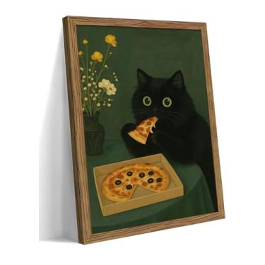 Imagem de Arte de parede emoldurada de gato preto, tela fofa do gato comendo pizza, decoração de fotos engraçadas de cozinha, arte de impressão divertida de amantes de comida, decoração de parede de animais