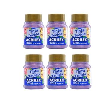 Imagem de Kit 6 Tintas para Tecido Glitter Acrilex 37ml Rose 214 | Brilho Intenso, Alta Fixação a Frio, Resistência às Lavagens e Acabamento Cintilante para Artesanato