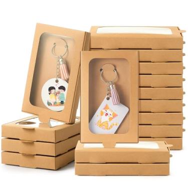 Imagem de Dunzoom 30 caixas de embalagem de chaveiro de sublimação 13,7 cm x 8,4 cm x 1,8 cm caixa de presente de papel em branco com vitrine para embrulho de presentes de Natal, chaveiro não incluído (marrom)