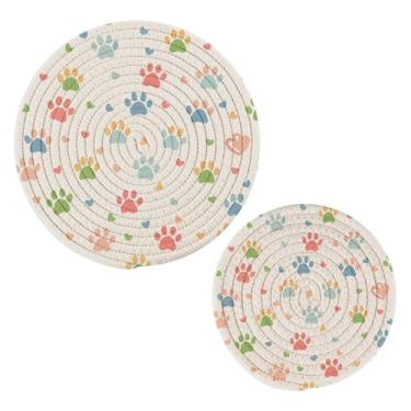 Imagem de Wassud Trivet com estampas de patas coloridas pastel para pratos quentes, suportes redondos de algodão, almofadas quentes, porta-copos elegantes, decoração de cozinha e acessórios, 2 peças