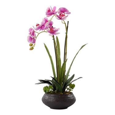 Imagem de LMJYU Flor artificial em vaso buquês de orquídeas rosa artificiais flores falsas de seda com vaso de cerâmica para casa interna