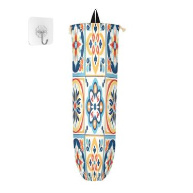Imagem de Wassud Porta-saco plástico com azulejo geométrico de flor, suporte de parede para sacola de mercearia, armazenamento de cozinha para decoração de despensa de cozinha em casa