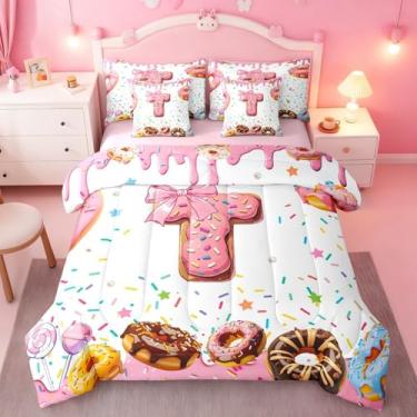 Imagem de Erosebridal Conjunto de edredom infantil com laço rosa, tamanho Queen, monograma, letra T, 7 peças, colorido, rosquinha branca, doce, decoração de quarto