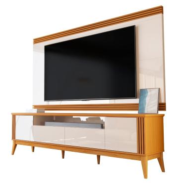 Imagem de Rack Bancada com Painel Detalhe Ripado Vetro Para TV Até 75 Polegadas 2,18m Madeirado/Off White