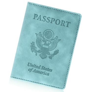 Imagem de Porta-passaporte para itens essenciais de viagem, capa de couro com bloqueio de RFID, carteira para cartões para homens e mulheres, Azul claro, 5.6in*4.1in, Moderno