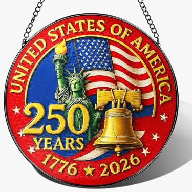 Imagem de Enfeite de vitral 20 cm 250 Years of America, vitral para pendurar, decoração de sino da liberdade 1776-2026 – Dia da Independência Americana, decoração de 4 de julho | Presentes para pessoas