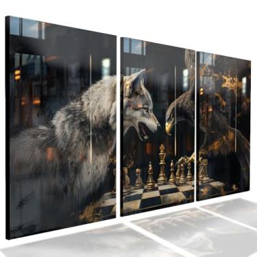 Imagem de Kit 3 Quadro Decorativo Sala Quarto Lobo Águia Xadrez Escritório (1)