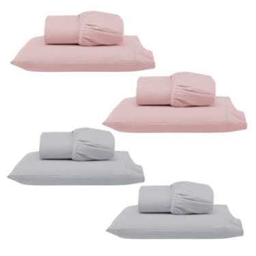 Imagem de Kit 4 Jogos de Lençol Solteiro com Elástico e Fronha Bordada em Ponto Palito, 8 Peças em Micropercal 300 Fios 100% Poliéster (4 Jogos Solteiro Versat (2 Rosê/2 Cinza))