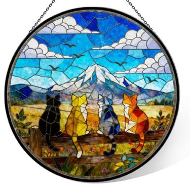 Imagem de Vitral para pendurar para gatos – 4 gatos em uma cerca apanhador de sol para portas de janela, decoração de casa – Presente de arte de parede para casa de Ação de Graças, Natal, aniversário