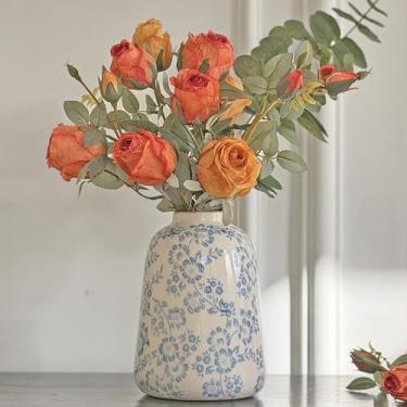 Imagem de Vaso de cerâmica vintage, vaso decorativo floral chinoiserie azul e branco, rústico retrô fazenda acabamento rachado vasos para flores, decoração de casa, sala de estar, centros de mesa, escritório