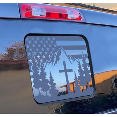 Imagem de Adesivo para janela traseira deslizante Toyota Tacoma 2024-2026, decalque de vinil preto fosco pré-cortado com bandeira americana, cruz, montanha e floresta, acessórios de vidro traseiro de