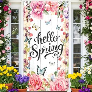 Imagem de Capa de porta de mola decorativa com borboleta floral colorida para decoração de porta da frente de primavera, sala de aula, janela, decoração interna e externa, placa 180 x 89 cm (rosa)