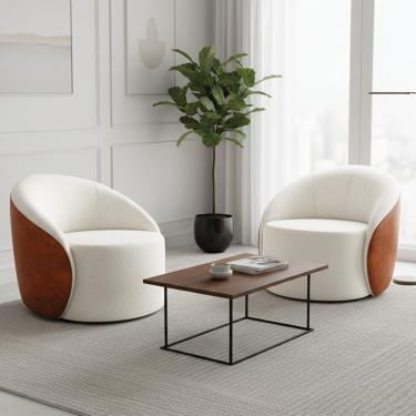 Imagem de Poltrona Sala Orgânica Kit 2 Lua Giratória Sintético PU Nozes/Bouclê Off White D03 - D'Rossi