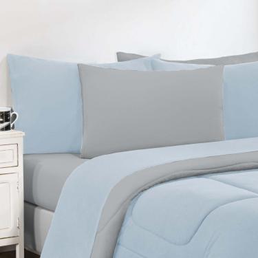Imagem de Kit Edredom + Jogo De Lençol Malha 100% Algodão Gran Moratta 6 Peças Queen - Azul Bebê/Cinza
