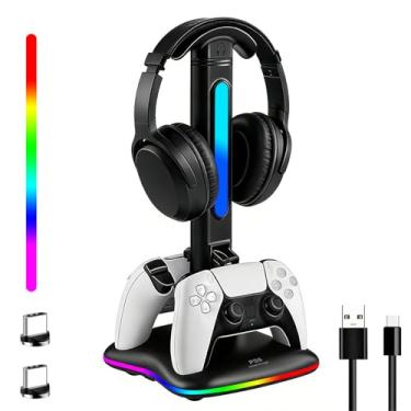 Imagem de JDGPOKOO Carregador de controle PS5 com suporte de fone de ouvido RGB, estação de carregamento de controle PS5 com 2 portas USB, suporte para fone de ouvido e controles para PlayStation 5, presentes
