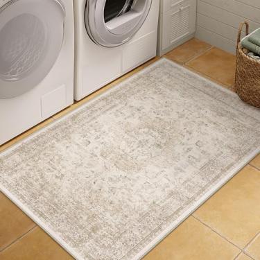 Imagem de PureCozy Tapete de entrada 7,5 x 10,6 cm, bege, vintage, envelhecido, oriental, macio, fino, para escritório, antiderrapante, tapete para cozinha, banheiro, quarto, sala de jantar, sala de estar