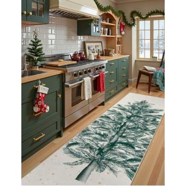 Imagem de Lahome Tapete de Natal antiderrapante bege 5 x 20 cm, tapete lavável ultrafino para corredor resistente a manchas, estampa de árvore de Natal, floco de neve, decoração de férias para entrada de